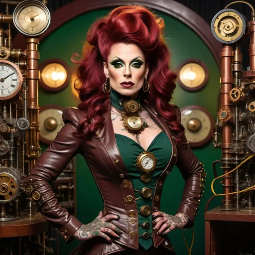 Prompt: Gorgeous muscular 35-year-old Romanian Steampunk drag queen, elegantly dressed in a Victorian suit adorned with leather and brass accents, standing confidently in front of a Rube Goldberg device. Her striking dark red hair framing a perfectly detailed face with mesmerizing green eyes. Emphasizing the unique clockwork gearing and vintage technology of the machine with brass copper glass tubes wires skeletal steel details, the scene illuminates with a soft daylight glow, capturing every aspect in stunning 8K resolution for an ultra-detailed experience.