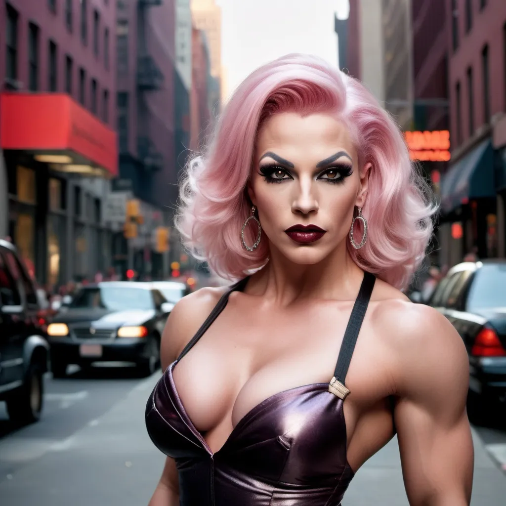 Prompt: A gorgeous muscular 25-year-old Hungarian drag queen bodybuilder with platinum pink hair, dark eyeshadow, dark red lipstick, and large busom, dressed in fashionable evening wear circa 1999, in a NYC street, shot full-frame in 9:16 format, daylit, like a vogue ad