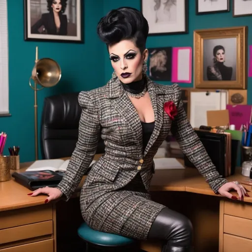 Prompt: Gorgeous, muscular, drag queen Teacher (with very strong masculine jawline) with long luscious black updo hair, dark eye makeup,  and dark lipstick wearing a beautiful designer tweed jacket & dress and thigh-high 8 inch stiletto boots. Sitting confidently on her desk.