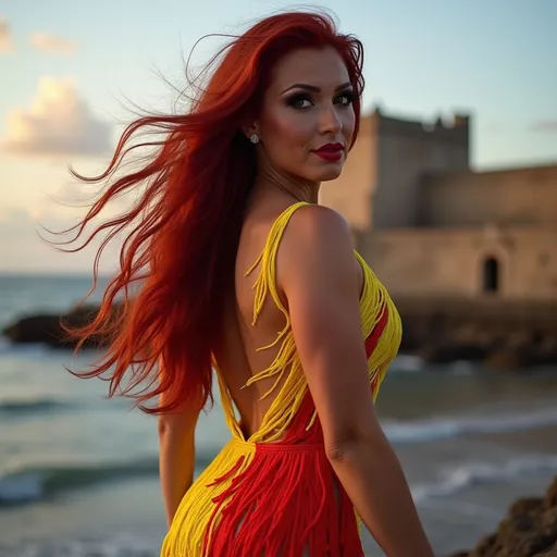 Prompt: Gorgeous muscular 40-year-old Puerto Rican drag queen bodybuilder very long wavy full dark red hair (((blowing in the wind))) showing off her backless fringed yellow & red tight dress, dark eyeshadow, 
Heavy mascara, dark red lipstick, and 8 inch stiletto high heel shoes posing near Castillo San Felipe del Morro at dusk. Windy weather.