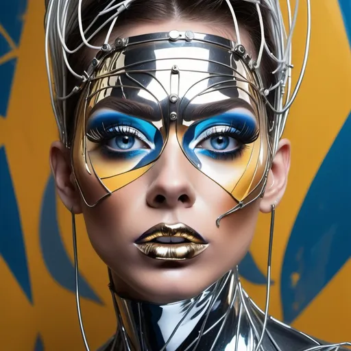 Prompt: a gorgeous masculine 25-year-old drag queen's face is futuristically transformed into a chrome-plated structure covered in wires. The left blue eye is shown in photo-realistic detail. the right eye futuristic. It is surrounded by silver and gold detailed small shapes against an abstract background that depicts dark yellow tones as dripping paint 