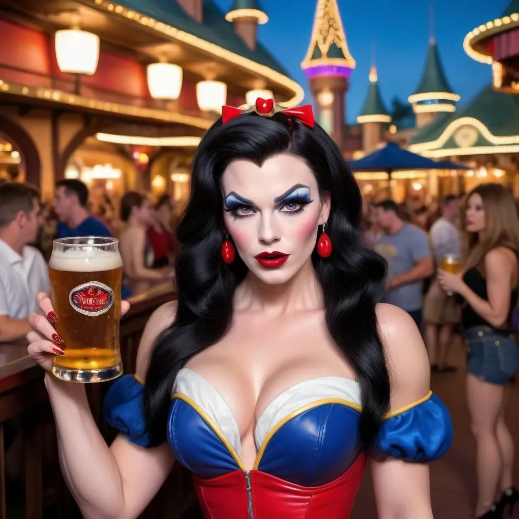 Prompt: Gorgeous ultra-muscular 25-year-old Swedish drag queen Snow White with 8 inch stiletto high heel shoes, dark mascara, eyeshadow and dark red lipstick, standing in Disney World holding a beer and flirting with guests at night