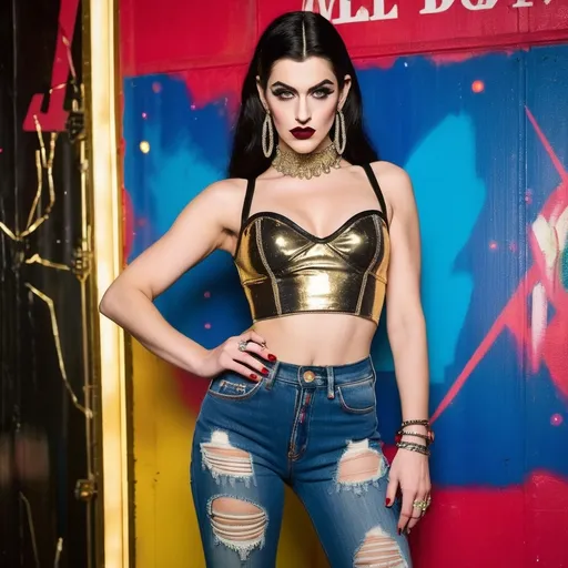 Prompt: Striking a confident pose in front of a vibrant backdrop adorned with red sparkles and bold lettering, a Gorgeous, very muscular 21-year-old olive-skinned French drag queen (with strong masculine facial features, dark lipstick, large busom, long, straight, shiny black hair) captivates attention in an eye-catching ensemble. She wears a soft gold crop top that highlights her figure and features a statement piece of jewelry—a chain with a decorative element that draws the eye to her midsection. Her high-waisted, distressed jeans add a casual edge to the look, emphasizing her long legs, which are adorned with stylish, intricately designed 8 inch stiletto high heel shoes. The atmosphere reflects a glamorous event, blending sophistication with daring style.