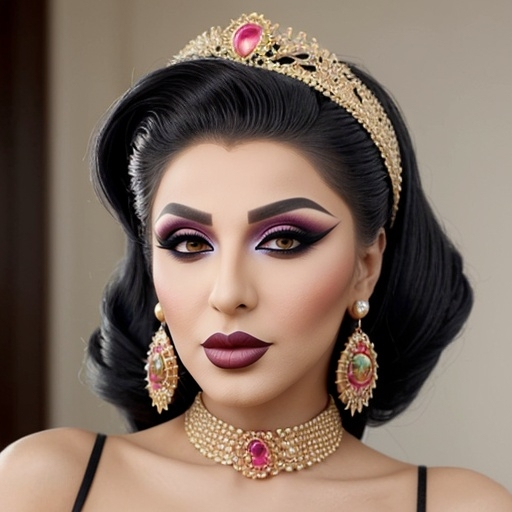 Prompt: Gorgeous, suntanned, elegant, well dressed,  Syrian drag queen with perfect makeup and fashionably styled hair.