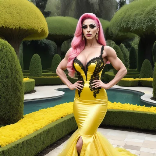 Prompt: Gorgeous ultra-muscular 25-year-old Turkish drag queen (with strong masculine jawline and brow features) bodybuilder with big busom and pink hair in a yellow mermaid wedding dress that has black lace appliques on the widest parts of the dress, but not on the top. Posing in a beautiful botanical garden.