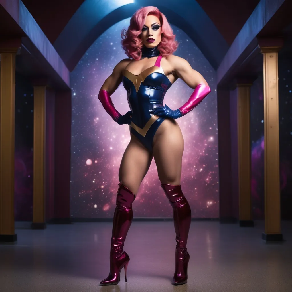 Prompt: High-resolution, cinematic-style photograph featuring a gorgeous ultra-muscular 25-year-old French drag queen bodybuilder with fair skin and pink hair styled in elegant waves dressed as Ms. Marvel (with dark thick mascara, dark sparkling eyeshadow,  and dark red lipstick) wearing 8 inch stiletto high heel boots. Posing in and intergalactic setting.