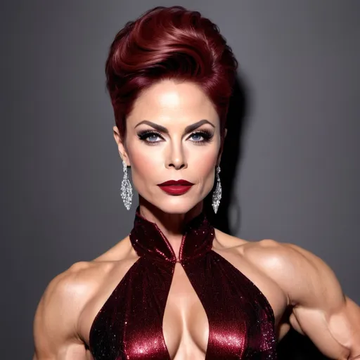 Prompt: If Rob Lowe was a gorgeous muscular drag queen (full length photo) with long muscular legs and a very muscular physique. Performing in a beautiful gown. Dark eye shadow, heavy mascara, and dark red lip stick.