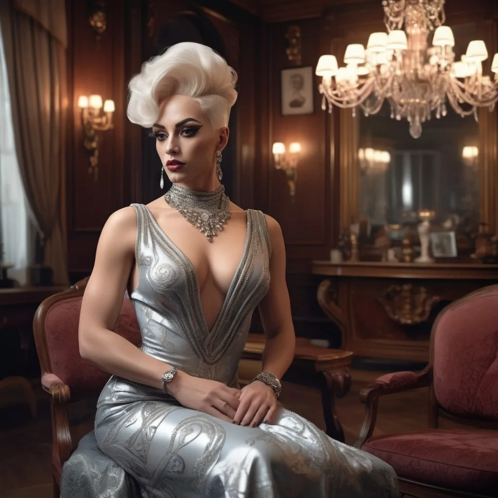 Prompt: A stunning, cinematic gigapixel photo masterfully blending photography and digital art, enhanced by the power of Unreal Engine 5 and NVIDIA Ray Tracing technology. The scene transports us to a luxurious drawing room in the 1920s, where a gorgeous, muscular 25-year-old British drag queen (strong masculine facial features) bodybuilder in an exquisite, flowing dress stands amidst opulent furnishings and intricate details. She holds a delicate fan, her thoughtful and melancholic expression hinting at the complex social games and intrigues of the era. The composition captures the glamour and elegance of the time, with a focus on the detailed interiors and her subtle facial expressions, reflecting the layered emotions and societal expectations of women during that time., cinematic, photo, fashion