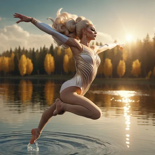 Prompt: A gorgeous Russian drag queen gymnast is leaping into the air with both legs fully extended and her arms outstretched to maintain balance on the surface of a beautiful lake, ultra-detailed, high quality, harmonious balance.  Classic warming style, soft and warm  lighting (highly detailed, ultra-detailed, 4K resolution) full body view, close up shot