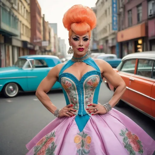 Prompt: Gorgeous muscular 35-year-old Eurasian drag queen wearing a (vintage fashion), (1960s style), elegant outfits, fitted dresses, petticoats, bold patterns, retro accessories, heels, vibrant colors, soft pastel shades, nostalgic atmosphere, warm lighting, high-quality, ultra-detailed, stylish urban setting, glamorous poses, cheerful mood, classic hairstyles, cinematic masterpiece.