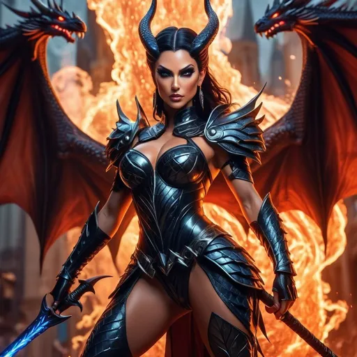 Prompt: Gorgeous ultra-muscular 45 years old Italian drag queen, Ultra detailed illustration painting of a luminous, gorgeous, angry, and enchanting humanoid dragongirl with dark hair wielding a mystical spear in battle. She is fit, toned, lean, and very muscular, large dragons wings, and a long tail. Her feet have on 8 inch stiletto high heel boots and her skin has slight scaly aspect to it. She is shouting in rage, the back of her mouth lit with an ambient fiery glow. Glowing red eyes, and wisps of smoke rise from her nostrils. Dynamic pose, anime-style female armor, realm enviroment, close mid shot, rule of thirds depth of field intricate details, concept art, subtle colors, fantastical realm, extremely detailed, ultra sharp focus, light particles, attention to detail, grandeur and awe, cinematic, stunning visual masterpiece, double exposure, 8k, photorealistic, strong outlines, cinematographic scene,