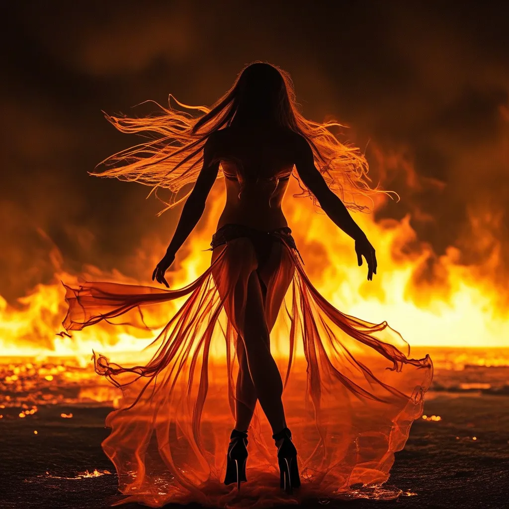 Prompt: very muscular dancing female, dancing on fire, silhouette, lava, long flowing fire gown, very well endowed, long wavy fiery hair, long muscular legs, 8 inch stiletto high heel shoes, very muscular dancing female, mystical background, 