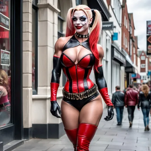 Prompt: Gorgeous ultra-muscular 25-year-old drag queen bodybuilder, dressed as Harley Quinn, long muscular legs, large busom, walking down the high street, choker necklace, corset, 8 inch stiletto thigh-high high heel boots, detailed clothing, realistic, natural lighting, full body, bodybuilder, full length, hi-res, 4k hd. Ultra-realistic, ultra-detailed.