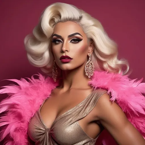 Prompt: Bathed in a soft glow, the Gorgeous, very muscular, suntanned, 31-year-old, suntanned, Turkish drag queen (with very strong masculine facial features, dark lipstick, huge busom, platinum blonde hair) exudes glamour and confidence, adorned with voluminous, platinum blonde hair that cascades in waves. The striking makeup accentuates bold eyebrows and luscious red lips, while sparkling earrings add a touch of elegance. Clad in a shimmering gold sleeve garment that hugs the arms, they hold a vibrant pink feather boa that adds a playful element to the ensemble. The background is a rich, warm tone that enhances the overall warmth of the scene, creating a dramatic and inviting atmosphere. This captivating portrait captures a moment of high fashion and theatricality, conveying a sense of bold self-expression and artistry.