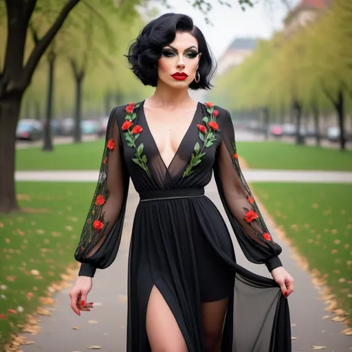 Prompt: Gorgeous muscular 25-year-old Czechian drag queen with short black bob hair wearing all black long sleeve v neck long chiffon dress. sleeves are see through, net. button cuffs. small tiny white and red flowers with green leaves on chest and waist. elegant.  goddess style dress. Walking through the park. full picture.