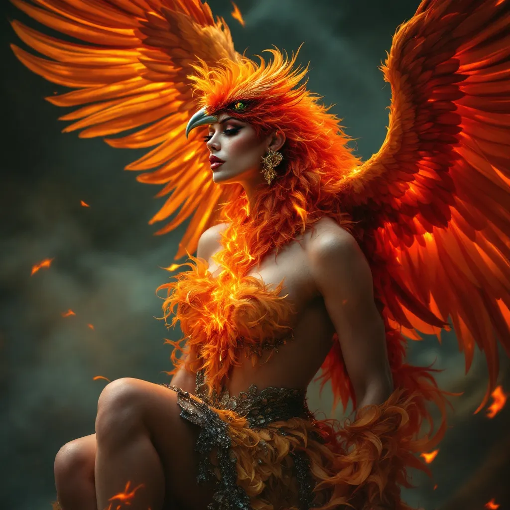 Prompt:  a flaming phoenix is perched on a 35-year-old drag queen goddess' shoulder. She has clothes made of feathers and looks like a phoenix as a 25-year-old drag queen goddess. Full length. Muscular.