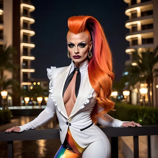 Prompt: A gorgeous muscular 35-year-old Polish drag queen bodybuilder with very long high tigh dark orange ponytail, dark eyeshadow,  and dark lipstick, wearing a multi-colored and white tuxedo with ruffles and eight inch multi-colored platform high heel shoes. Posing in front of a fancy hotel at night.