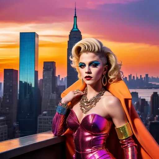 Prompt: Justin Beiber dressed as a 25-year-old gorgeous drag queen Madonna posing on the ledge of a building, high above NYC.