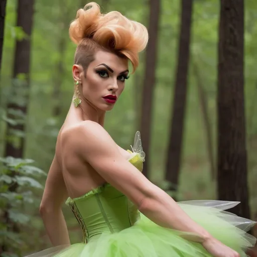 Prompt: Gorgeous 25-year-old (caucasian) muscular French drag queen ((very strong masculine jawline and brow)) with fit figure, and long strawberry-blonde updo hair (((blowing in the wind))), dressed as Tinkerbell, sheer nylon stockings, and 8 inch stiletto high heel shoes, posing in the forest, pixie dust in the air..