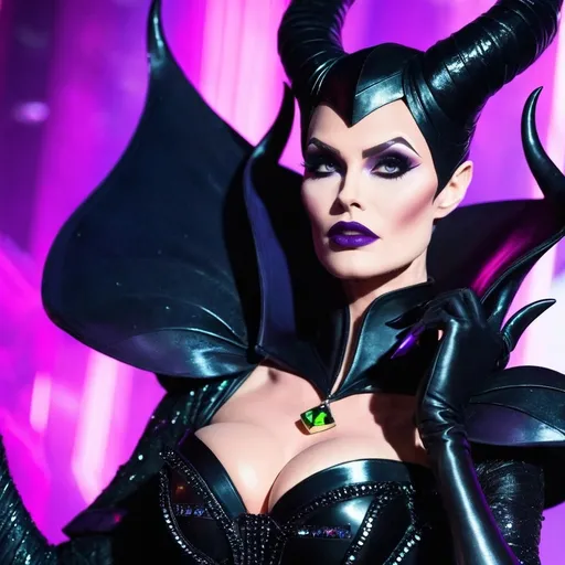 Prompt: Gorgeous muscular cyberpunk drag queen (Disney's) Maleficent, great legs, crystal high heels,  dark lipstick.