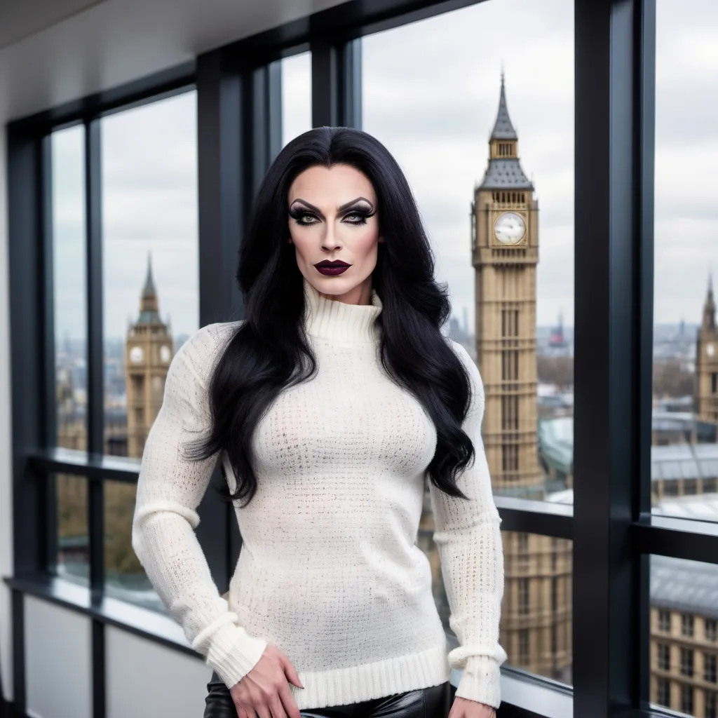 Prompt: Gorgeous muscular 35-year-old French drag queen with strong masculine jawline,  very long black hair, dark eyeshadow, and dark lipstick, in the CAD office wearing a white chenille knitted sweater, next to the window with London city and Big Ben view