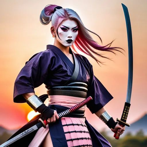 Prompt: A gorgeous muscular 21-year-old Japanese drag queen Samurai (dark eye makeup, dark lipstick, big busom, and platinum pink hair) wearing a traditional ancient Samurai yoroi and holding a katana in one hand, standing in a battle stance. 13th century Japan at sunset.