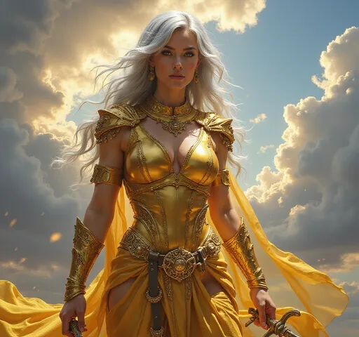 Prompt: (A gorgeous muscular 35-year-old French goddess bodybuilder with silver hair in a golden outfit holding a sword), (dramatic sky background), epic fantasy character, dynamic pose, vibrant colors, intricately detailed armor, highlights reflecting gold, ethereal mood, captivating expression, fantasy elements, masterpiece digital rendering, rich textures, high quality, (Anne Stokes style).