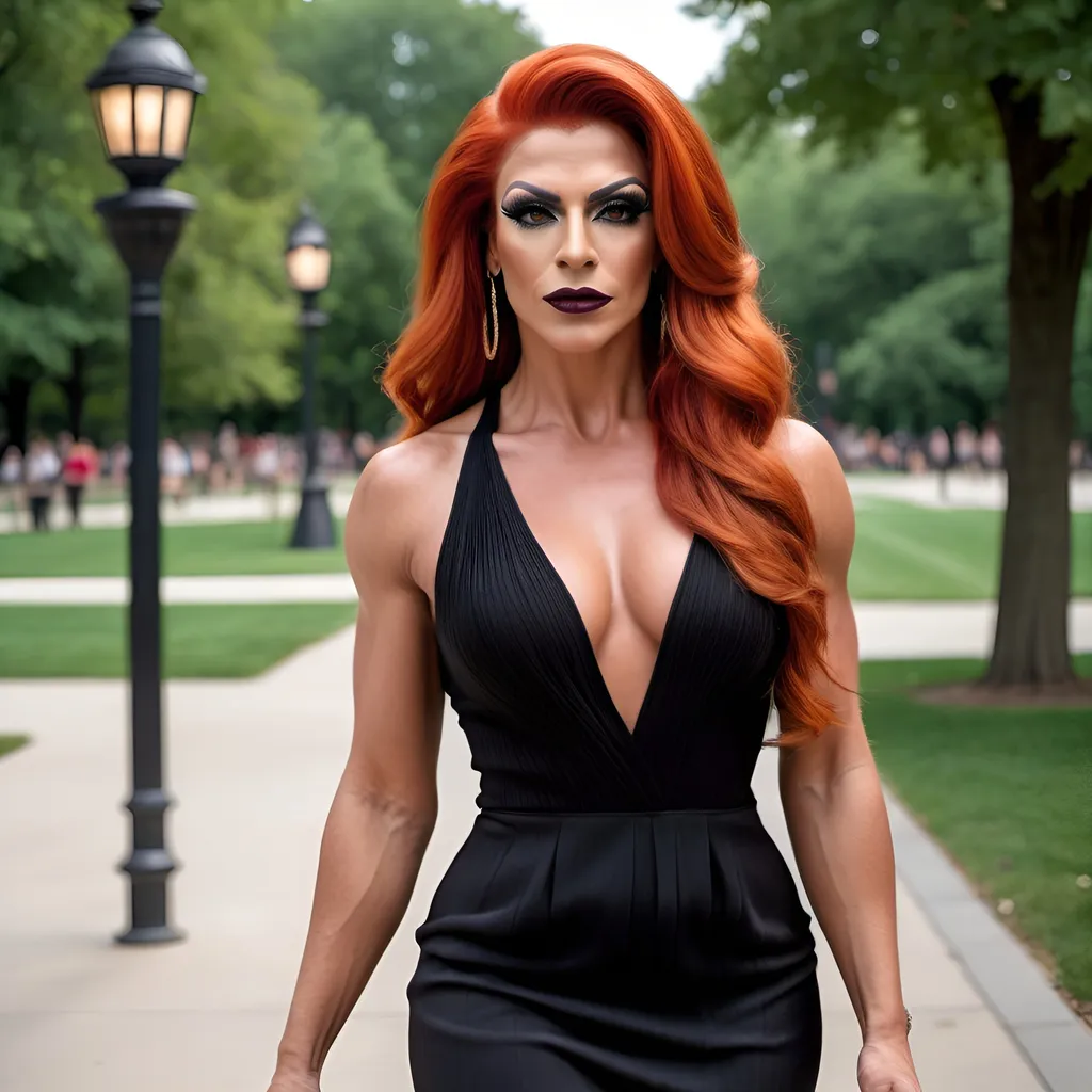 Prompt: A gorgeous muscular red-headed 35-year-old Turkish drag queen with a long dark orange swept over hair, with  strong masculine facial features,  dark eyeshadow and dark lipstick,  wearing a Knit Pleat-Back Dress, and 8 inch stiletto high heel shoes,  walking through Grant Park in the summer.