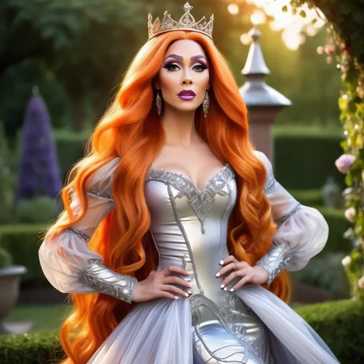 Prompt: a realistic elegant drag queen princess Rapunzel, long dark orange hair, ornate Silver crown , translucent dress, garden background, full length view HD