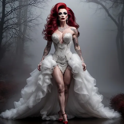 Prompt: full body shot, splash art, hyper detailed, ultra realistic, highly detailed, surreal heavy mist, AI defined exquisitely beautiful, totally ultra realistic muscular 35-year-old Polish drag queen with lusciousdark red hair, masculine jawline and brow, ultra glamorous bride, dark eyeshadow, 
Dark red lipstick, walking in a swirling fog, micro dress, on the grass, 

perfect shading, impeccable contrast, HDR, UHD, high res, 64k, cinematic lighting, special effects, hd octaneArtgerm, WLOP, dynamic studio quality lighting hyper-detailed, intricately detailed, Splash art, trending on Artstation, triadic colors, Unreal Engine 5 volumetric lighting, unreal engine, octane render.