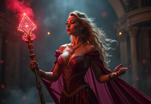Prompt: A gorgeous muscular 35-year-old French drag queen bodybuilder sorceress from ancient times stands in the dimly lit dungeon of a grand castle, wielding a sacred ruby-encrusted staff. Ethereal wisps of magical energy swirl around her as she chants an incantation, her eyes glowing with an otherworldly light.  The atmosphere is filled with a sense of mystery and enchantment, as shimmering arcane symbols illuminate the air, marking the climax of an intense battle between magic and beast. Luxury  Ruby Necklace(hyper intricate realistic detail)