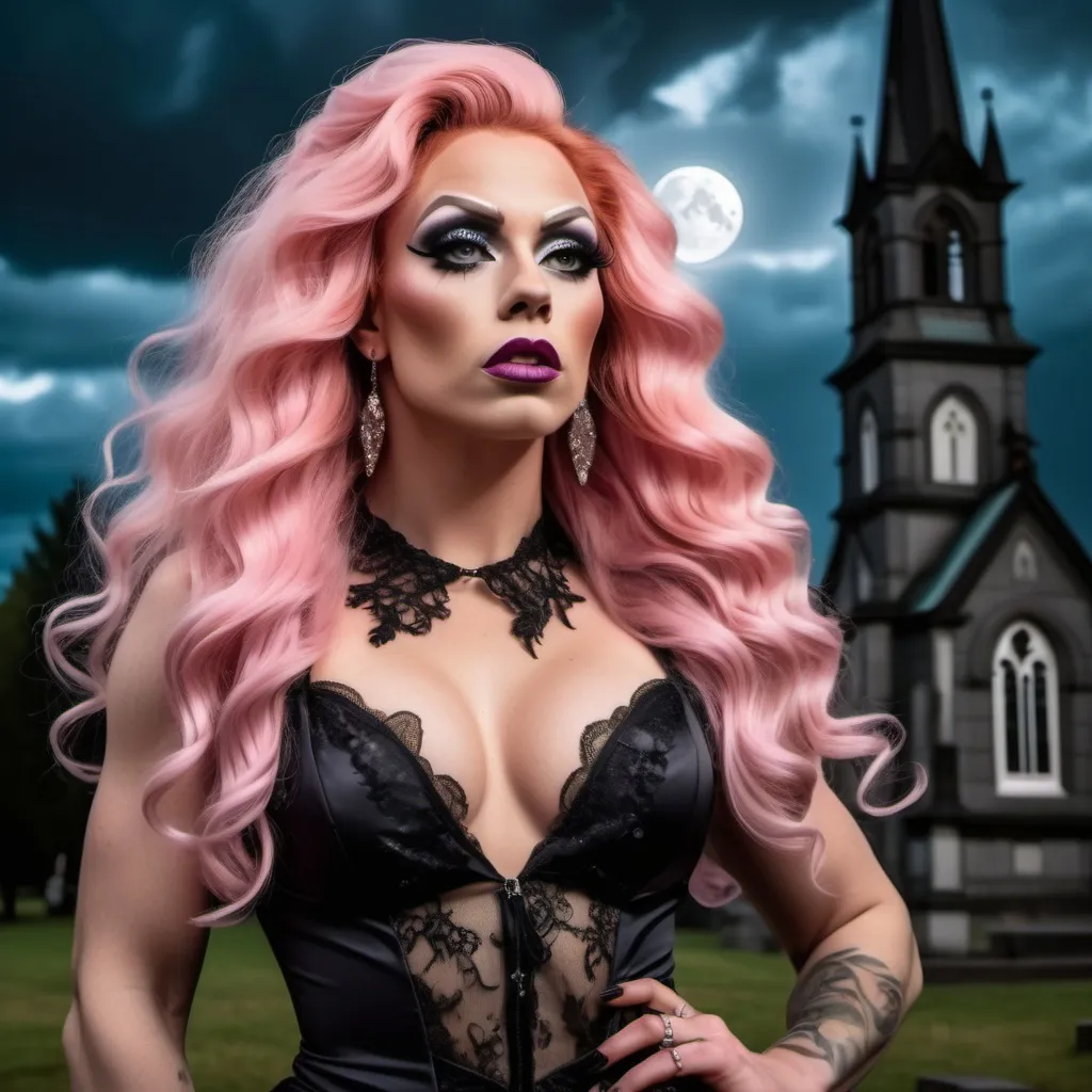 Prompt: Gorgeous 25-year-old Finnish drag queen bodybuilder with long wavy pink hair, in a high slit evening gown with a lace front and a collar, waltzes with werewolf in a churchyard under the full moon and storm clouds.