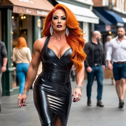 Prompt: Gorgeous muscular 35-year-old Romanian drag queen bodybuilder with long wavy stylish burnt orange hair, dark eyeshadow, 
dark lipstick, and big busom, walking down the high street, (detailed clothing with 6 inch stiletto high heel shoes), (realistic), natural lighting, bustling urban environment, lively atmosphere, showcasing various shops and cafes, bright daylight casting soft shadows, vibrant street life, high-definition clarity, (immersive scene), (casual elegance), capturing movement and grace in the stride, dynamic perspective.