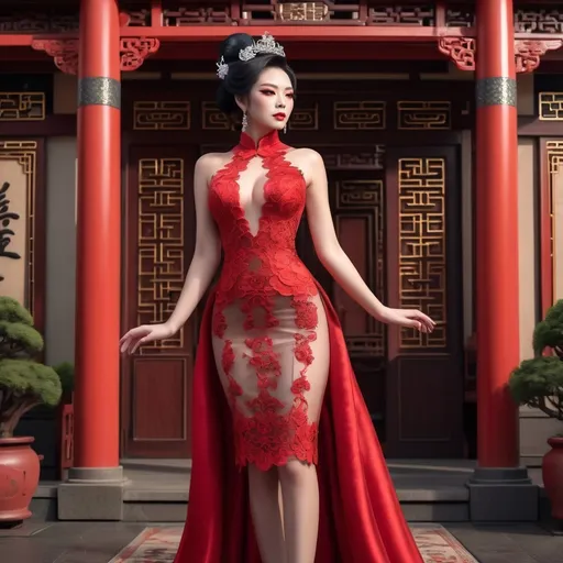 Prompt: 
The scene unfolds at the grand entrance of a traditional Chinese mansion, adorned with festive spring couplets. A young, beautiful, and elegant Chinese drag queen bodybuilder, the lady of the house, stands gracefully at the doorway. She is dressed in a stunning red, sheer lace cheongsam, exuding charm and sophistication. With her hands clasped in a traditional gesture of greeting, she warmly wishes passersby a joyous New Year.
hyper realistic photo, professional photo, HDR, UltraHD, a lot of details, pixel study, 3D, detail, photorealism, majestic, stunning, elegant, brilliant, sumptuous, magnificent, effulgent, refulgent, fantasy, epic, mystic, full body view, classical and warm lighting style and cinematic art
