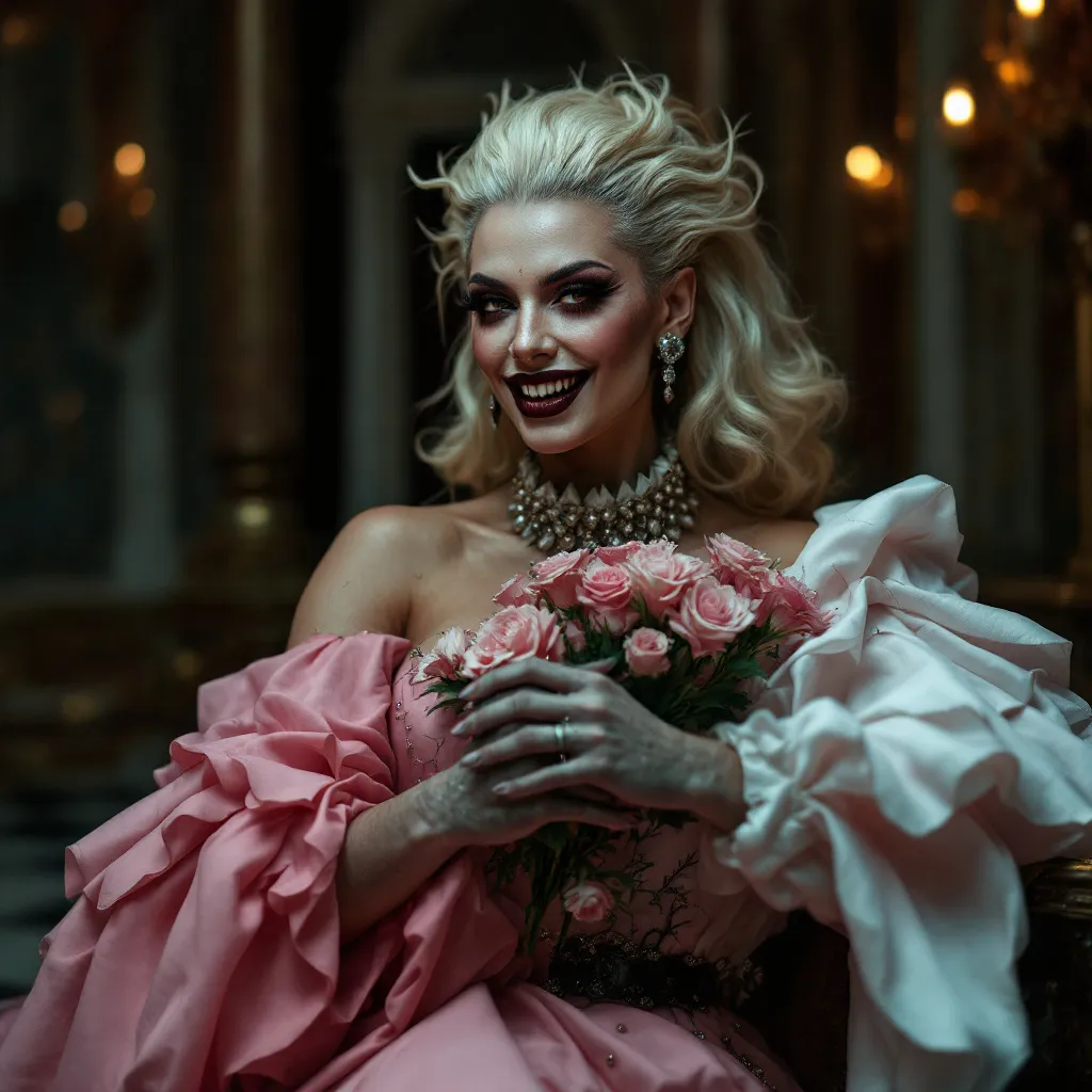 Prompt: GS photigraph shot on a Sony A7R IV, 50mm f/1.8 lens, ISO 100 Glamour photography of stunningly Gorgeous, very muscular, suntanned, 25-year-old, suntanned, Greek drag queen (with masculine jawline and brow facial features, dark lipstick) at a ball in the Rococo hall, dress half pink, half white, studded collar, small details, smiling, huge fangs, radiance, flowers, cracks, thorns, full length, slightly at a distance, volume, guro, anatomy, hyper realistic , nightmare aesthetics, horroblood style,  reality, symbiosis, hybrid, abstraction, deep rendering, professional photography, cinematography, full detail, elaboration of hands and fingers