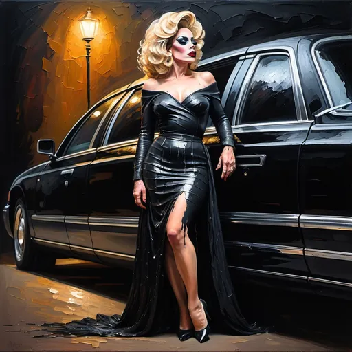 Prompt: (thick impasto oil painting), gorgeous yet sad 35-year-old French drag queen (in tight black skirt), leaning against a long black limousine car, profile view, looking to one side, rich texture of thick bumpy paint strokes, dramatic lighting, moody ambiance, emotional depth, high detail and color contrast, evocative scene, sophisticated background.