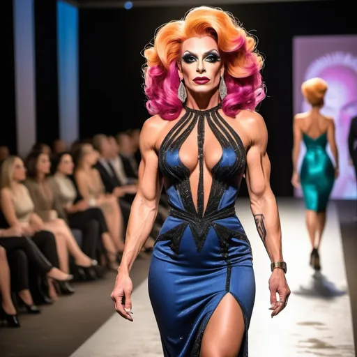 Prompt: Beautiful muscular 35-year-old European drag queen fashion model, intricate face (strong masculine jawline and brow), colorful hair, walking the runway, sophisticated cocktail dress, long shapely legs, black shoes, 8k photo, fashion show, high quality, elegant, detailed eyes, sophisticated, runway walk, colorful hair, professional attire, fashionable, high definition, vibrant atmosphere