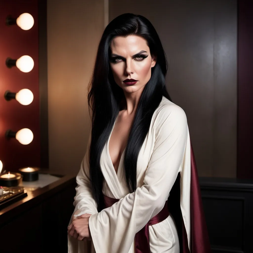 Prompt: Tom Cruise dressed up as Gorgeous ultra-muscular 25-year-old Swedish drag queen with long straight shiny black hair, dark smoky eyeshadow, heavy mascara, dark red lipstick, meditate, wisdom, Brown and white robes, laidback relaxed,