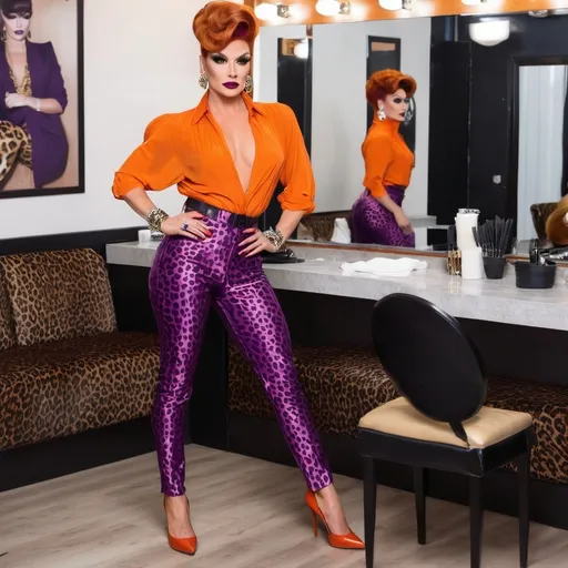 Prompt: Gorgeous ultra-muscular 25-year-old Polish drag queen, very well endowed, long crimson beehive updo hairstyle dressed as Peg Bundy in tight orange leopard print pants, low cut purple blouse, and 8 inch stiletto high heel shoes, walking through a hair salon. Dark smoky eye shadow, dark red lipstick, Purple blouse, purple blouse. Blouse is low cut and purple. Orange leopard print pants.