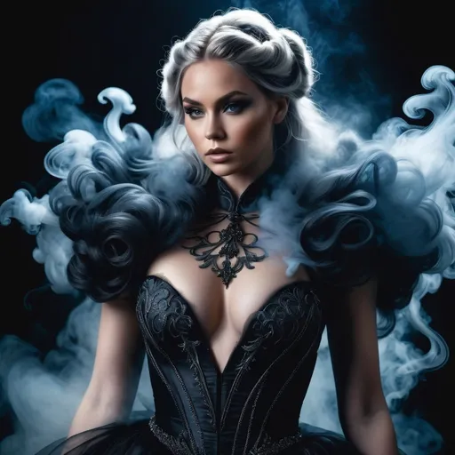 Prompt: Detailed hyper realistic gorgeous ultra-muscular 25-year-old Finnish goddess with huge busom, wearing a gothic gown, made entirely out of smoke and wisps, tangible yet wisplike, surreal, dark colors, hyperrealistic, wispy details, surrealistic, mythological, ethereal, vibrant, supernatural, haunting, smoky texture, hyper-detailed, dark colors, gloomy theme lighting