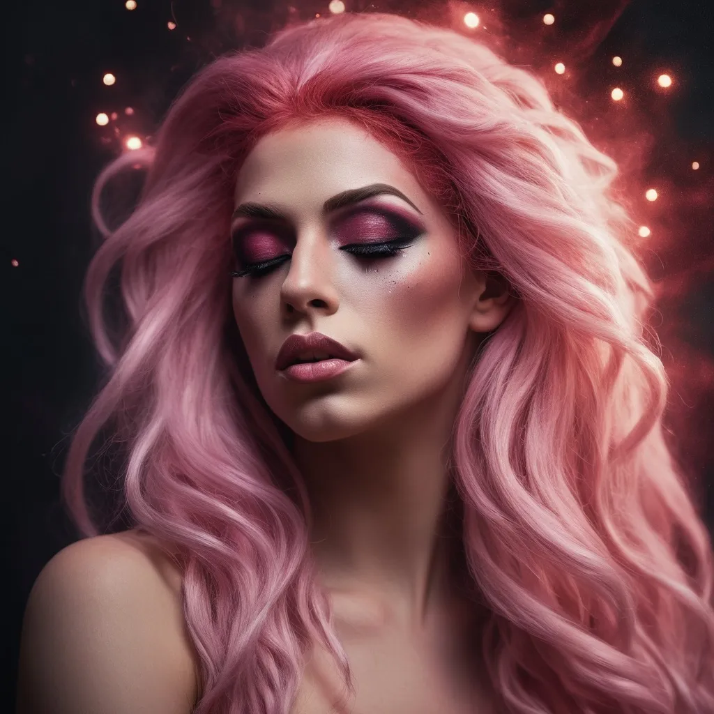 Prompt: (photorealistic painting), a gorgeous ultra-muscular 25-year-old Romanian drag queen with long pink hair, with her eyes closed, dark smokey eyeshadow and dark red ipstick, (glowing ethereal aura) behind her face and body, intricate (particles of light), inspired by Elsa Bleda's style, atmospheric and dreamy ambiance, soft and mystical lighting, high contrast between the glowing backdrop and her facial features, ultra-detailed, highly immersive, captivating and tranquil.