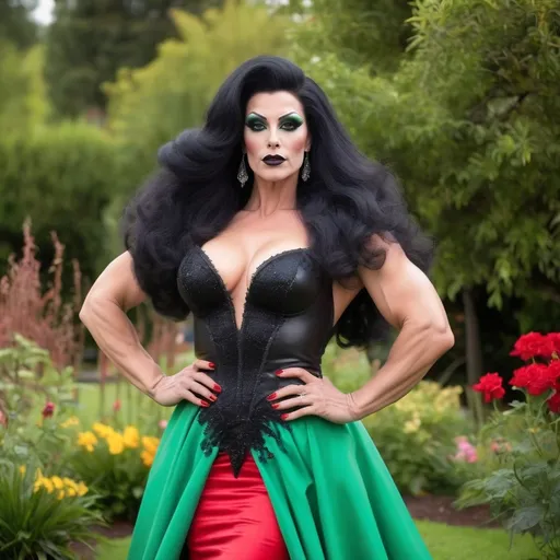 Prompt: A tall gorgeous muscular 35-year-old Slovenian drag queen bodybuilder (dark eyeshadow, dark lipstick, heavy mascara) with large busom and long black teased hair, wearing a long Red Empire Dress with a high neck line and 8 inch high heel shoes, standing on the green grass, full-length, in an amazingly beautiful garden,  exactly beautiful photo  , highly photo, full-length photo, 64k hi-res digital realistic photography.