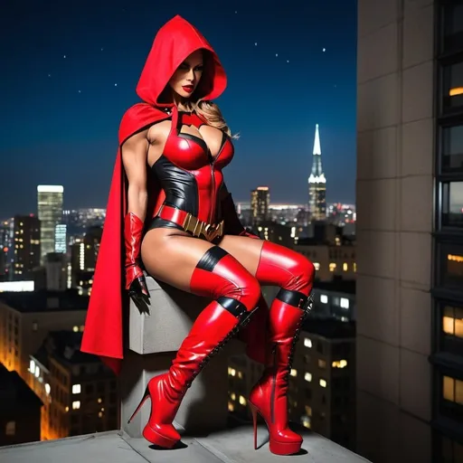 Prompt: Gorgeous muscular bodybuiler goddess dressed as Red Hood ((((DC comic book character)))) with long muscular legs and huge busom wearing red 8 inch stiletto high heel boots standing on a ledge of a building at night looking out over Gotham City.