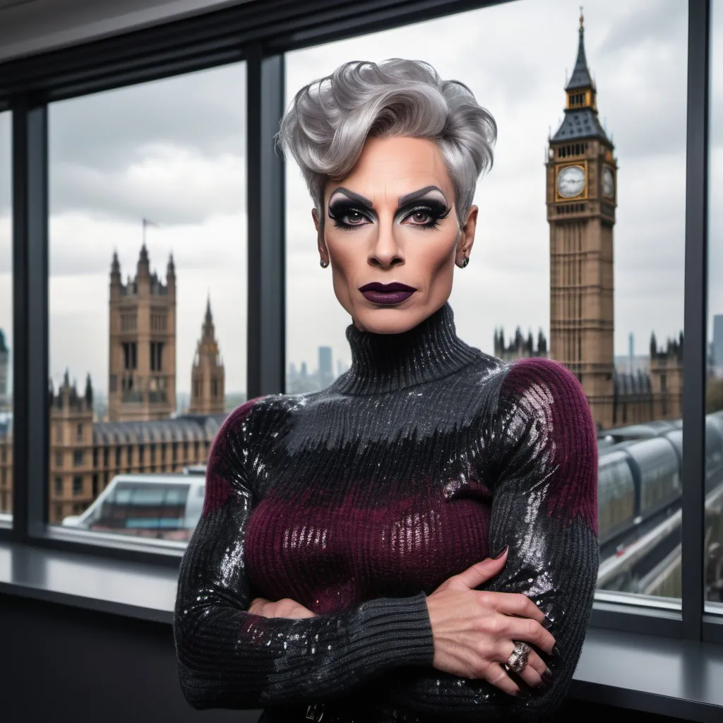 Prompt: Gorgeous muscular 45-year-old French drag queen with strong masculine jawline,  short swept over graying hair, dark eyeshadow, and dark lipstick, in the CAD office wearing a chenille knitted sweater, next to the window with London city and Big Ben view