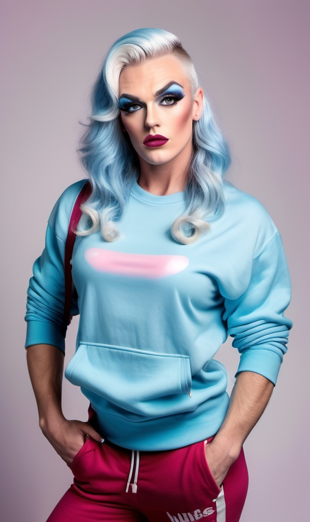 Prompt: Greg Davies dressed up as a Gorgeous ultra-muscular 25-year-old Swedish drag queen bodybuilder Gen Z fashion model, with a charming and cute vibe, dark eye makeup and dark red lipstick wearing an oversized pastel blue sweatshirt paired with black joggers and white 8 inch stiletto high heel shoes. Her relaxed yet stylish look is accessorized with a backpack and hoop earrings, perfect for a laid-back day in the city. The full-body image captures her standing in front of the iconic Truong Tien Bridge in Huế, with the peaceful river in the background. Image size: 1080x1920."