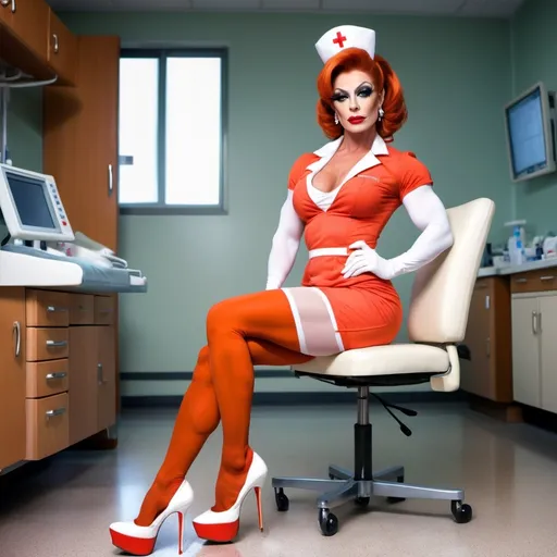 Prompt: Gorgeous muscular drag queen bodybuilder dressed as a nurse, age 25, well endowed, long very dark orange tight updo hair, long muscular legs, white nylon stockings, 8 inch stiletto high heel shoes sitting in a emergency room in a hospital, showing legs