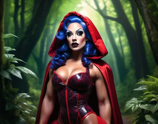 Prompt: If Little Red Riding hood was a gorgeous hyper-muscular 25-year-old drag queen bodybuilder with Dark eye makeup and dark lipstick. Wearing 8 inch stiletto high heel shoes. Walking through the forest towards her grandmother's house.