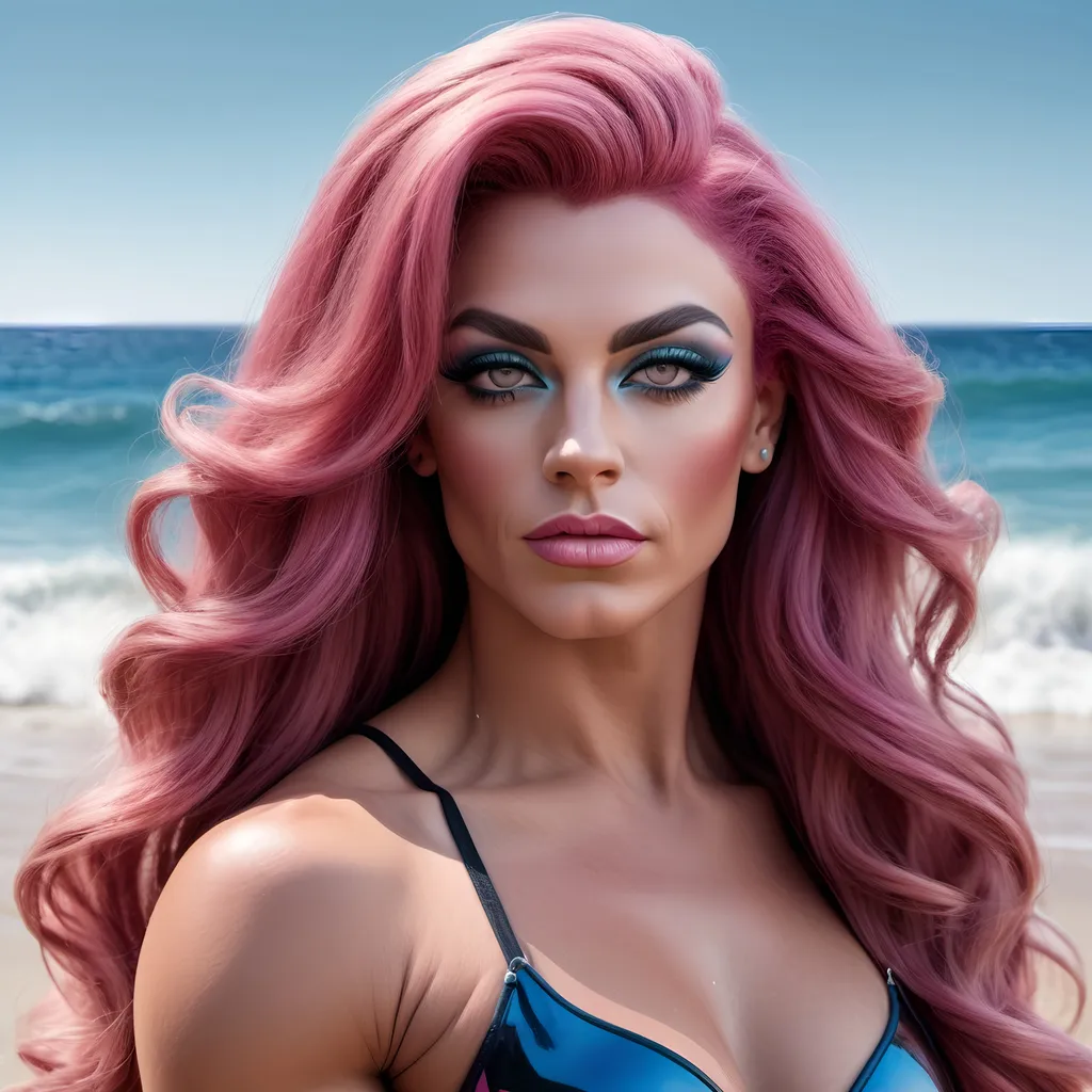 Prompt: Design a photorealistic portrait of a gorgeous muscular 25-year-old French drag queen bodybuilder with long, flowing dark pink hair, set against a tranquil beach background with clear blue water and gentle waves.