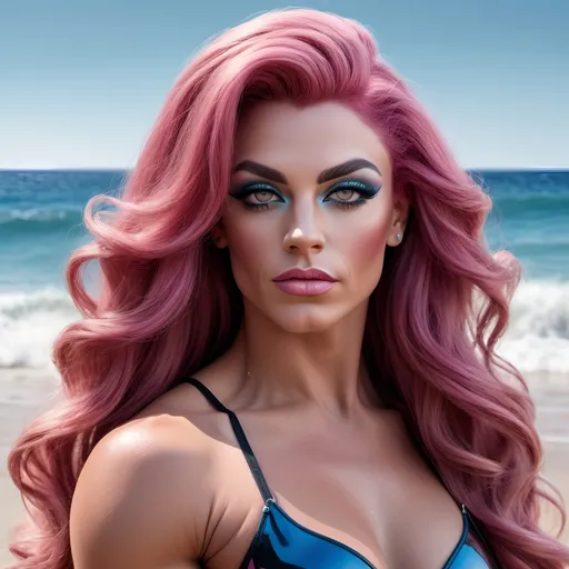 Prompt: Design a photorealistic portrait of a gorgeous muscular 25-year-old French drag queen bodybuilder with long, flowing dark pink hair, set against a tranquil beach background with clear blue water and gentle waves.