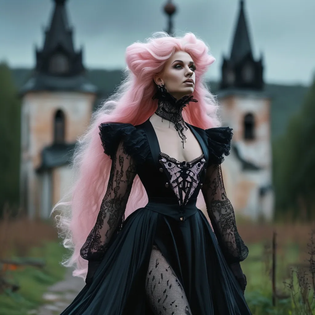 Prompt: Gorgeous 25-year-old Finnish drag queen bodybuilder with long wavy pink hair, in a high slit evening gown with a lace front and a collar, waltzes with werewolf in a churchyard under the full moon and storm clouds.